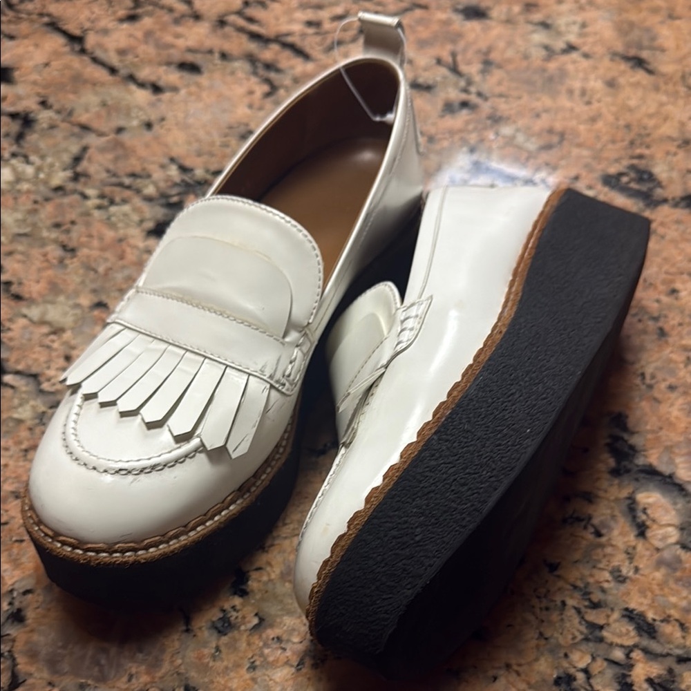 White and Black Flamingos platform patent leather Loafers with Fringe Detail 40